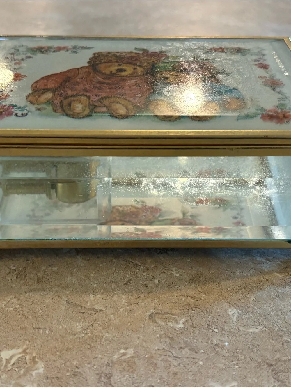 Vintage Teddy Bear Musical Jewelry Box Glass Brass Tone Beveled Trinket Box